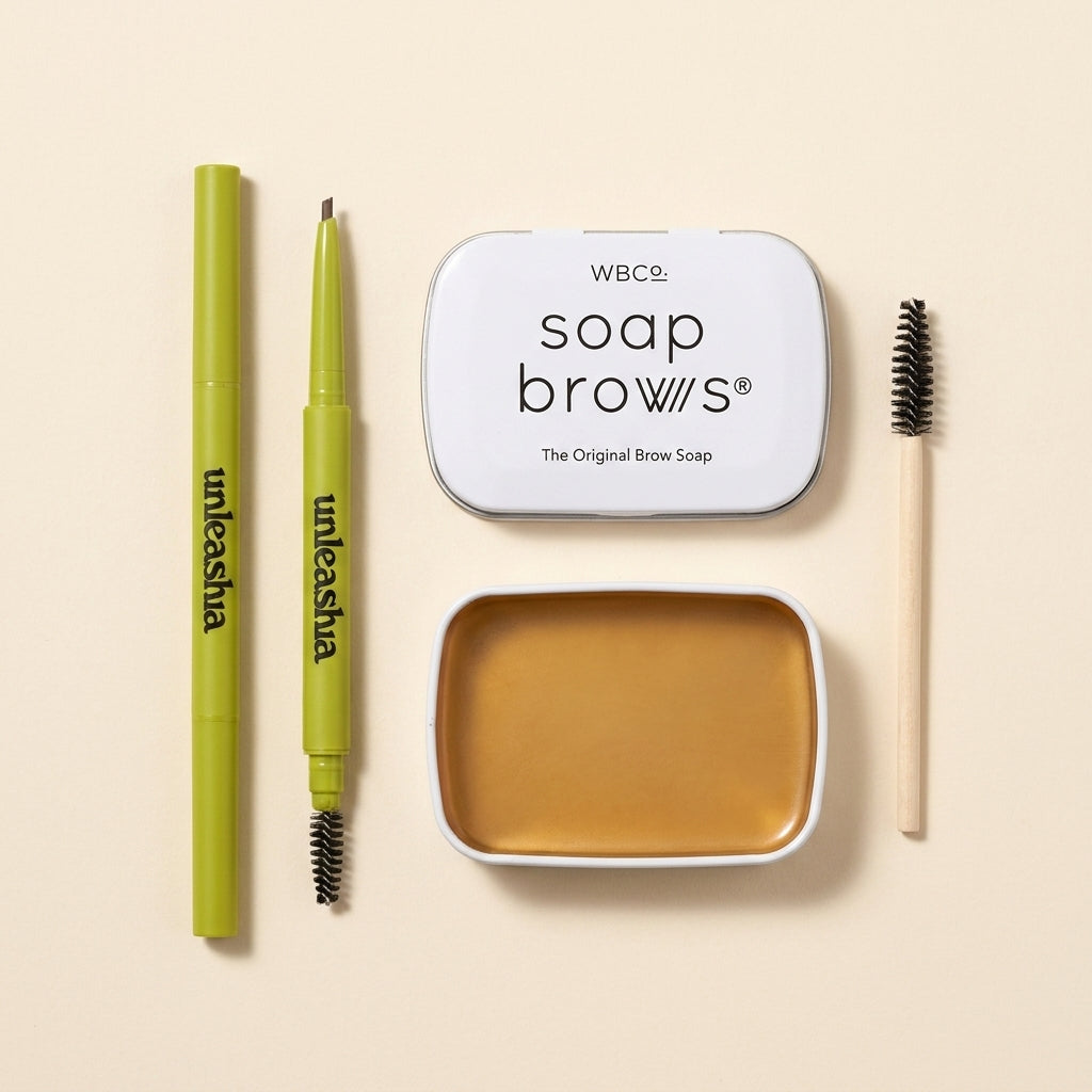 Kit Sprancene - flat-lay studio - Unleashia Pencil, West Barn Co Soap Brows
